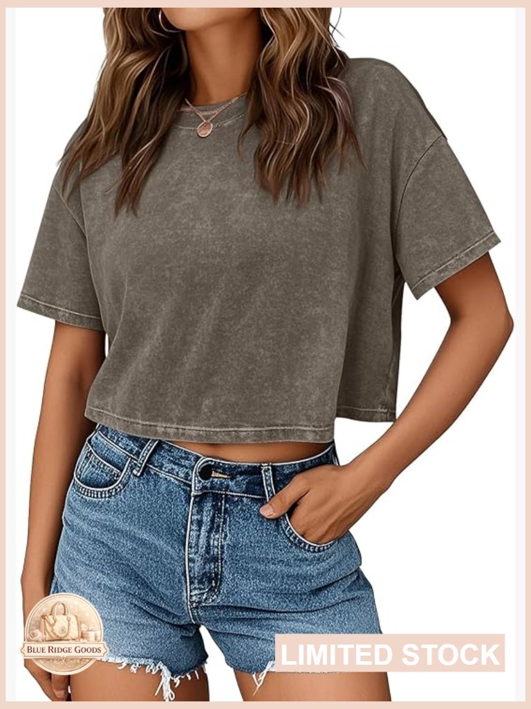 Crop Top Short Sleeve T-Shirt Acid Wash Oversized Baggy Soft Casual Summer Tee